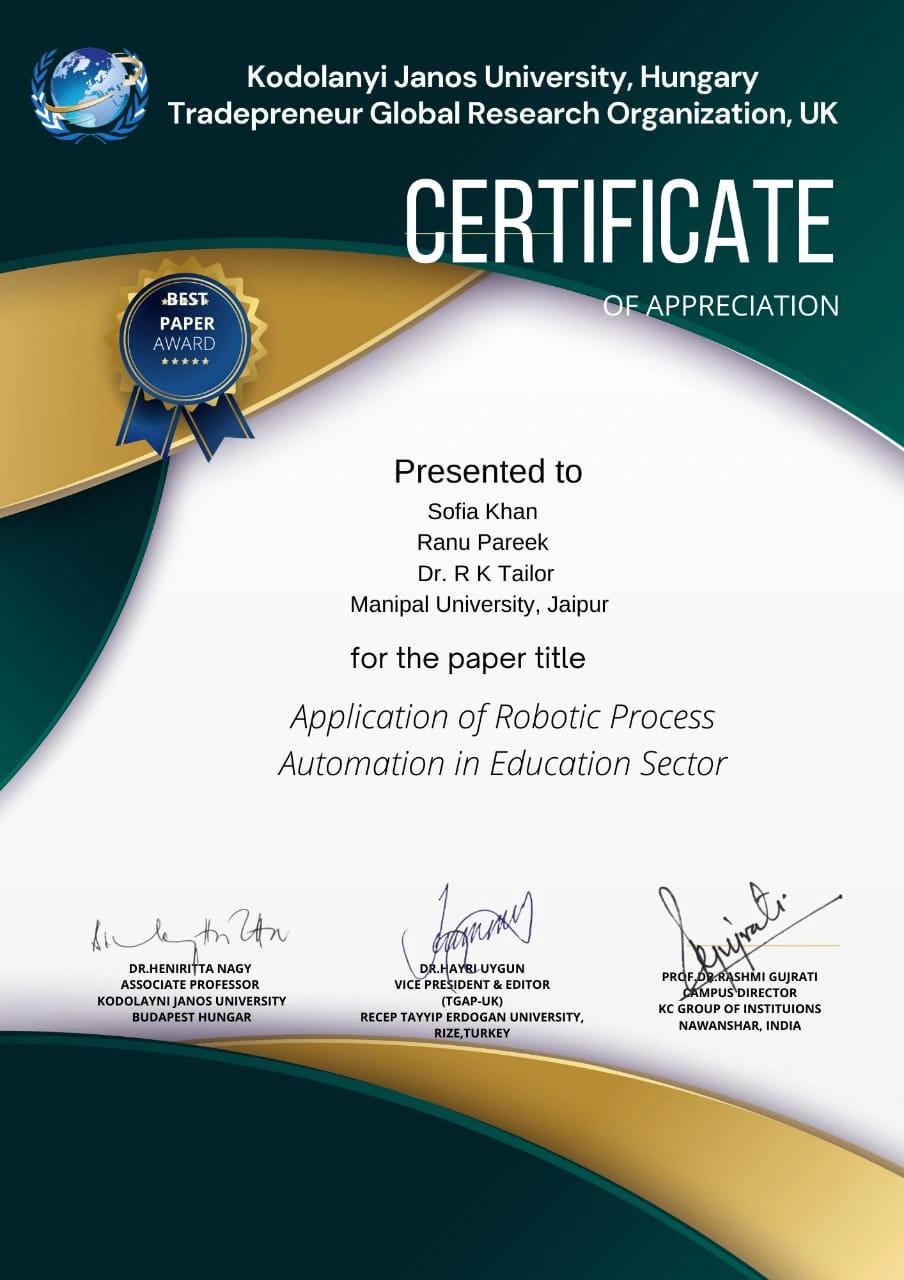 Best Paper Award for research on 'Application of RPA in Education Sector' from Sakarya University, Turkey in 2022