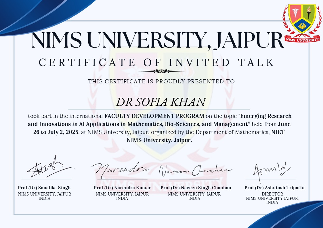Certificate for International Faculty Development Program on AI Applications & Innovation from NIMS University in June 2025