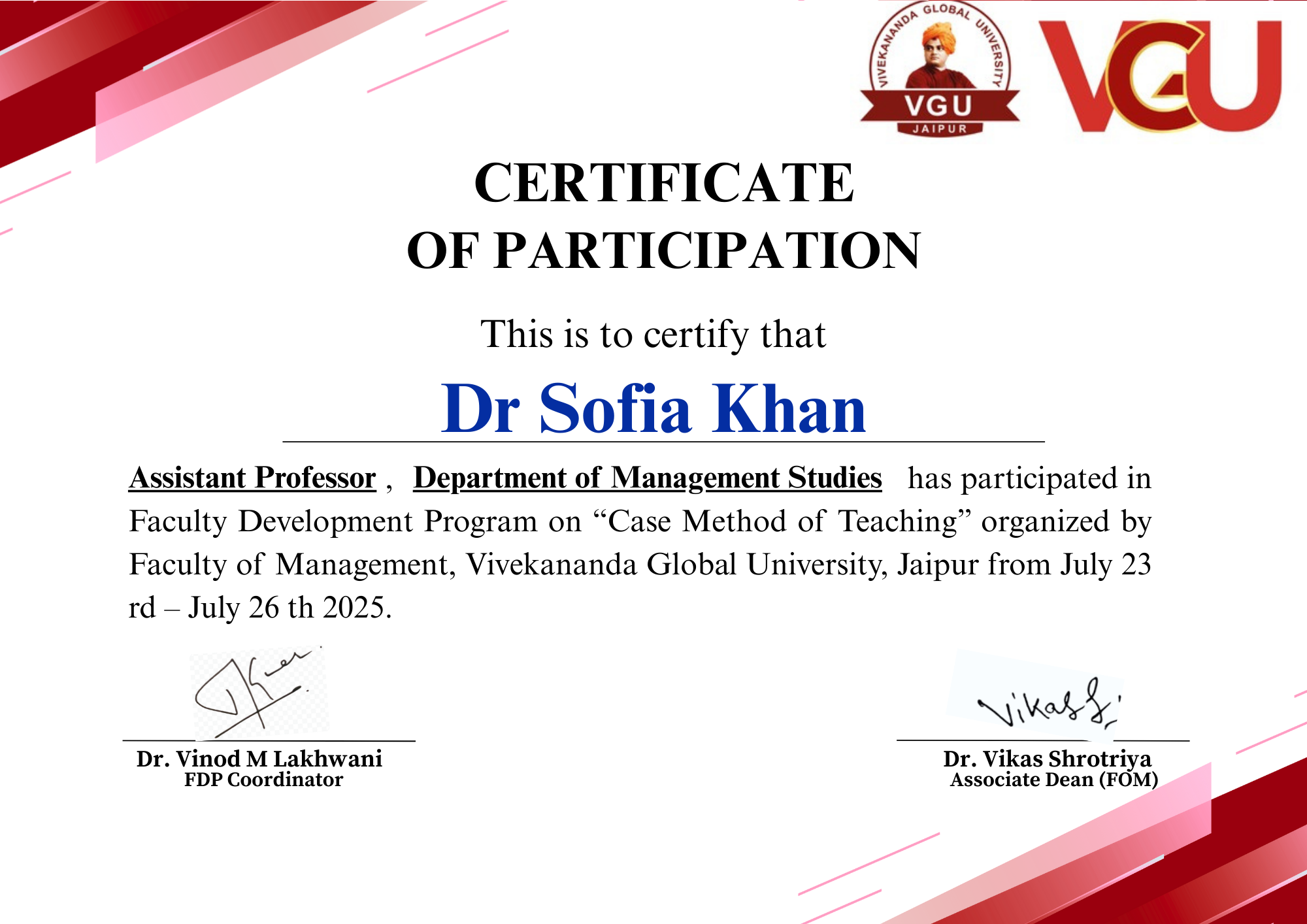 Certificate for Faculty Development Program on Case Method of Teaching from VGU Jaipur in July 2025