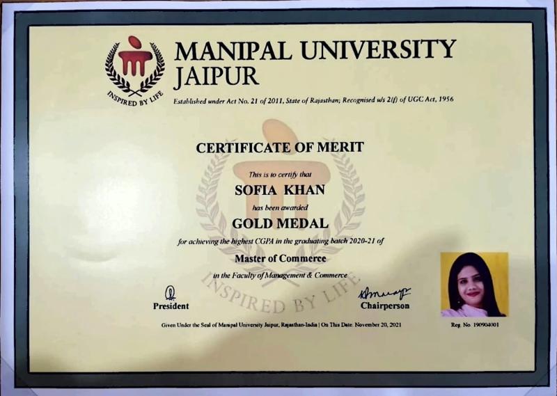 University Gold Medal for 1st rank in M.Com (Financial Analysis) from Manipal University Jaipur in 2021