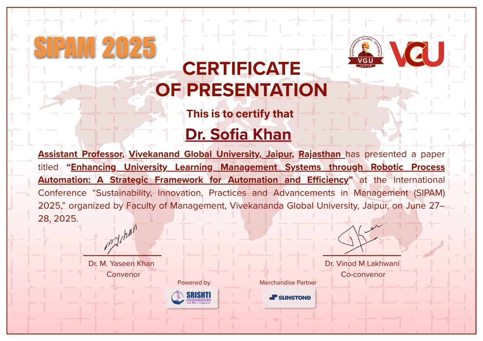 Certificate for Paper Presentation on 'Enhancing University LMS through RPA' at SIPAM 2025 International Conference