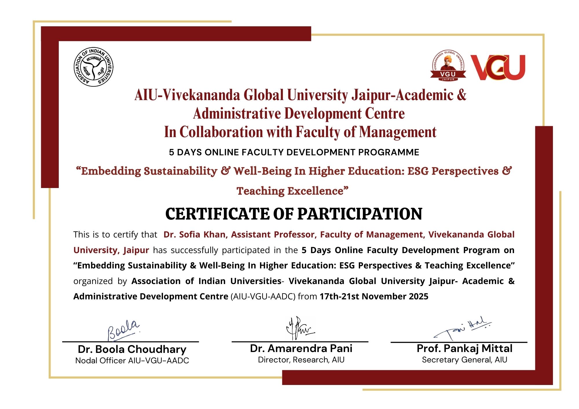 Certificate for FDP on Embedding Sustainability: ESG Perspectives & Teaching Excellence from AIU-VGU in Nov 2025